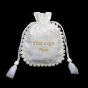 White Designer Jewelry Pouches with Custom Logo, Drawstring Packaging Pouch with PomPom 100 pcs β CraftJaipur
